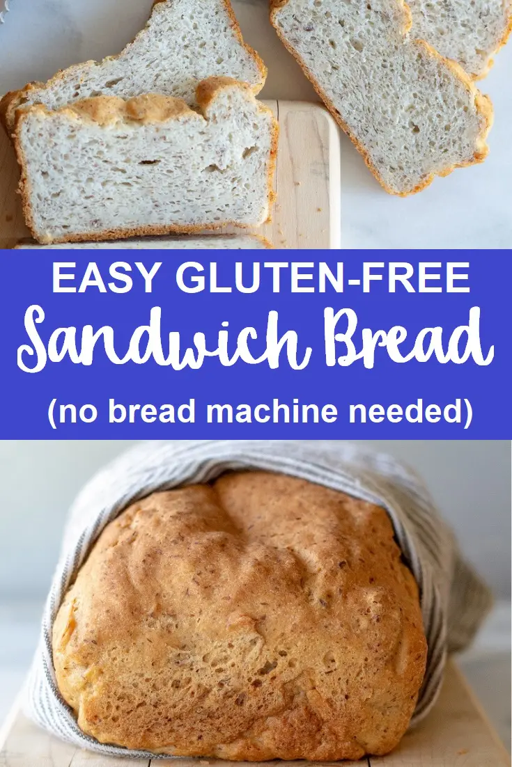 a collage photo of slices of gluten free bread on top, and a loaf of brown bread on the bottom with the words east gluten free sandwich bread in text in the center of the image