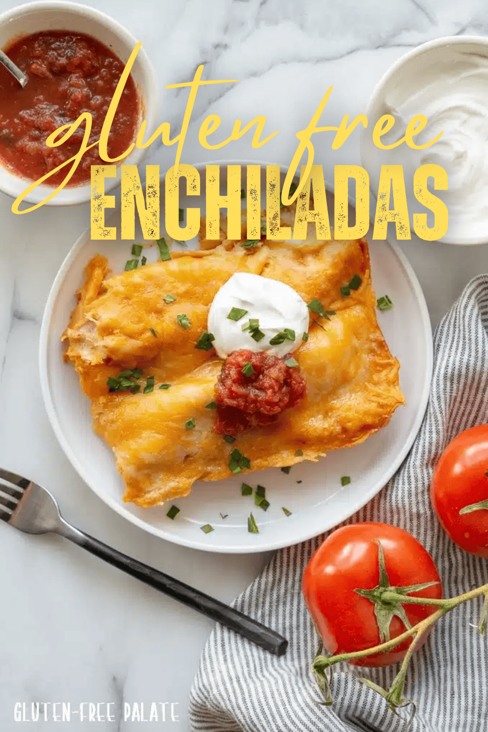 two enchiladas with cheese, sour cream, and salsa on a white plate next to a two tomatoes and a bowl of salsa and sour cream with text over the top that reads: Gluten-free enchiladas.
