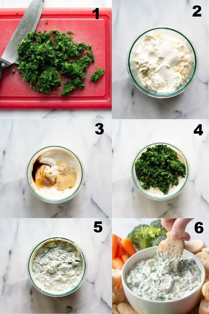 a collage photos of six numbered steps showing how to make spinach dip, the numbered photos match the numbered steps below
