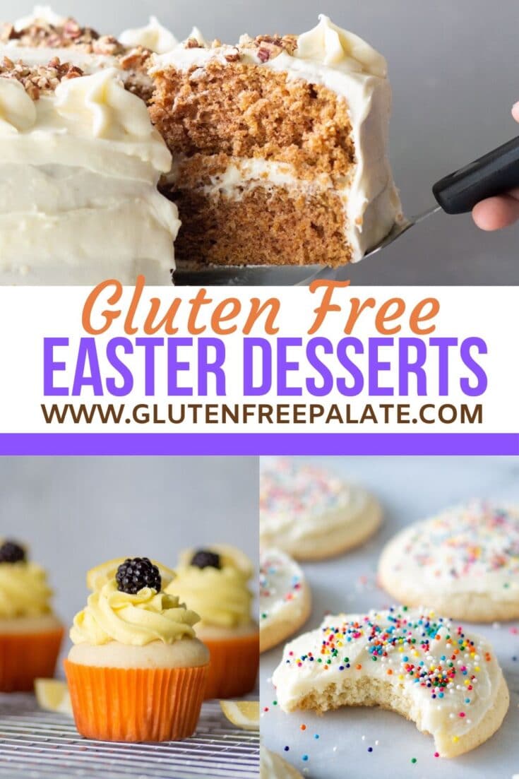 collage of three photos, a slice of carrot cake, a lemon cupcake, and a sugar cookie with the words gluten free easter dessert recipe in text in the center