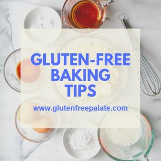 Words gluten-free baking tips over bowls of ingredients.