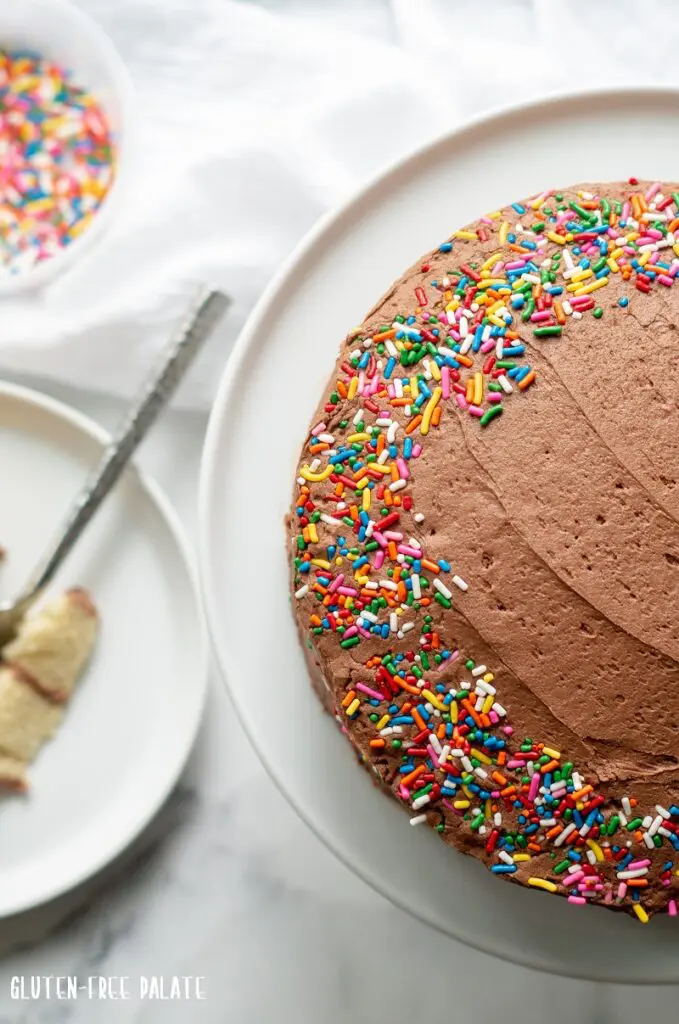 Top down view of a gluten-free vanilla cake with chocolate frosting and colored sprinkles.