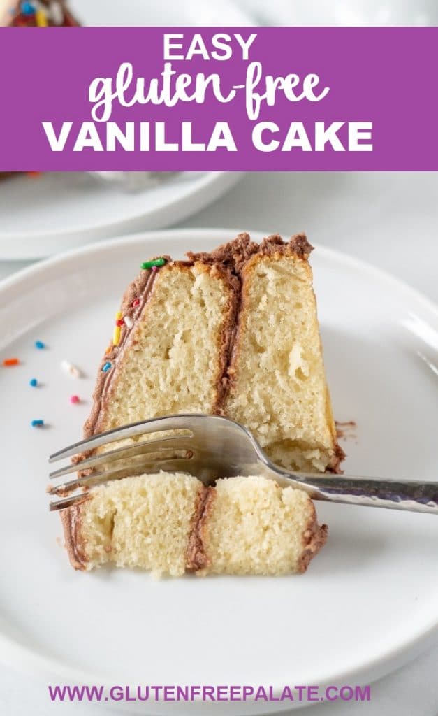 A slice of gluten-free vanilla cake with chocolate frosting on a white plate with a fork, with the words easy gluten free vanilla cake in text at the top