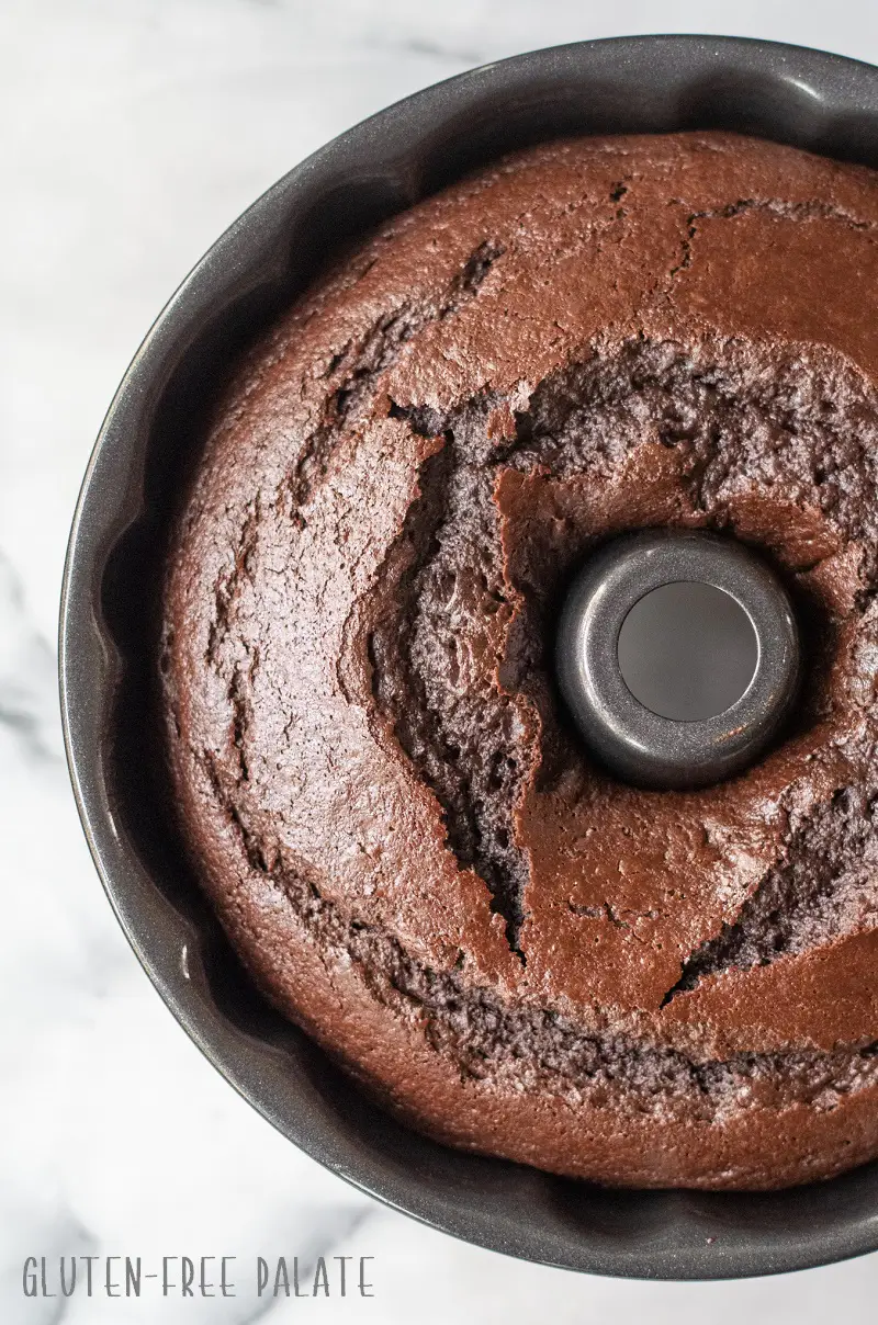 close up view of a chocolate bundt cake in a bundt cake pan