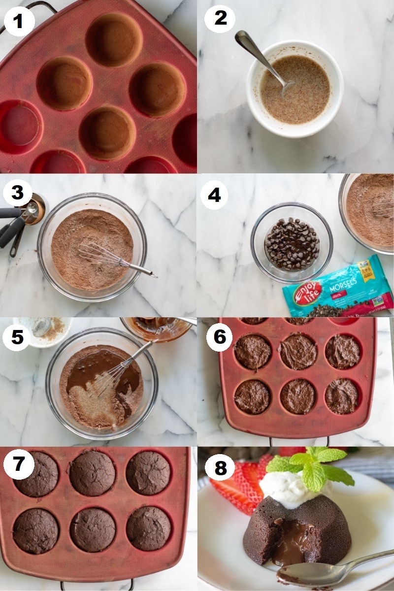 collage photo of eight numbered steps showing how to make vegan lava cakes
