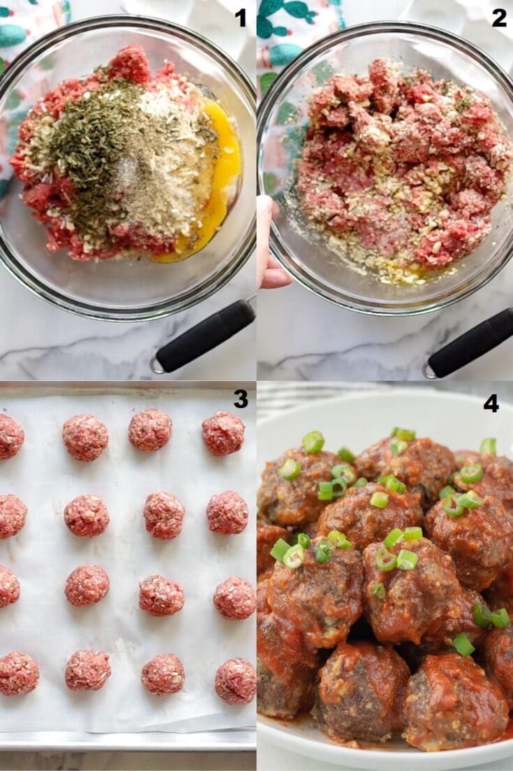 collage photo of four numbered steps on how to make Gluten-Free Meatballs, the numbered steps match the numbered steps in text under the photo