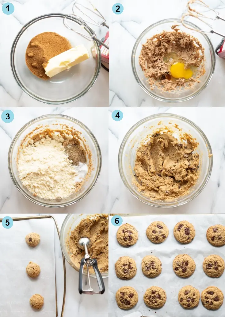 a collage of six numbered images showing steps to make paleo chocolate chip cookies, the numbered photos match the numbered steps below