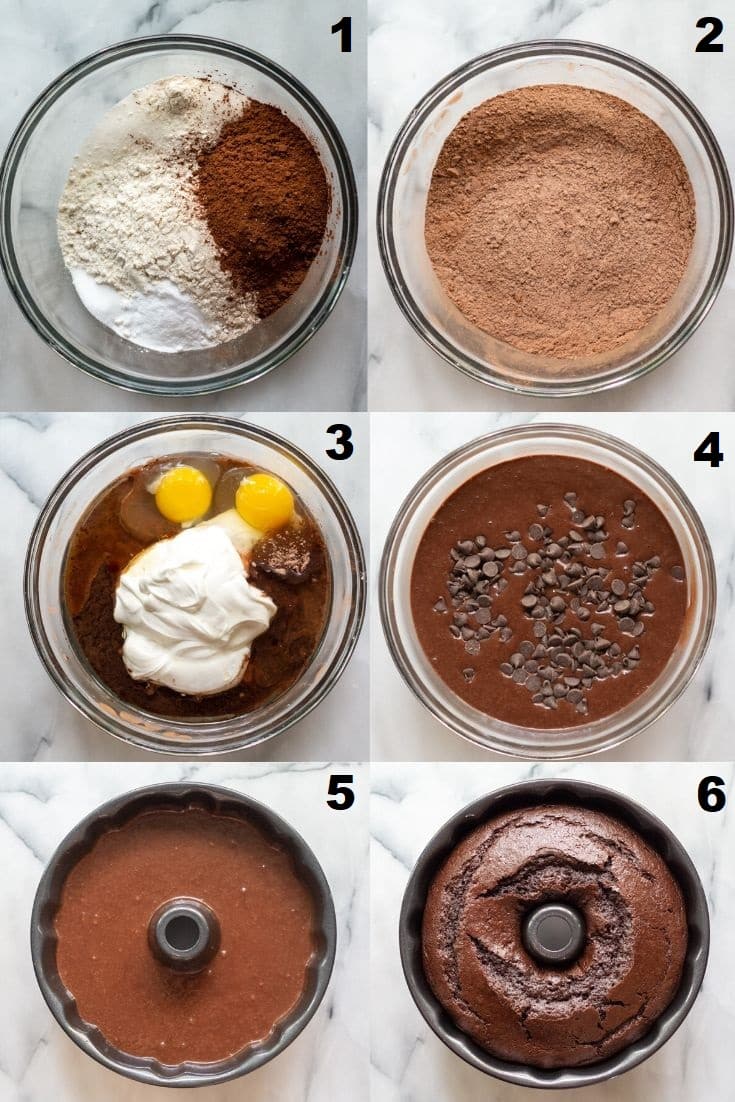 a collage of six photos showing the steps how to make a gluten free chocolate bundt cake