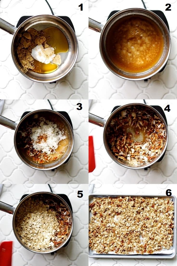a collage of six photos showing how to make gluten free granola