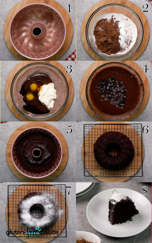 Gluten-free chocolate bundt cake step by step.