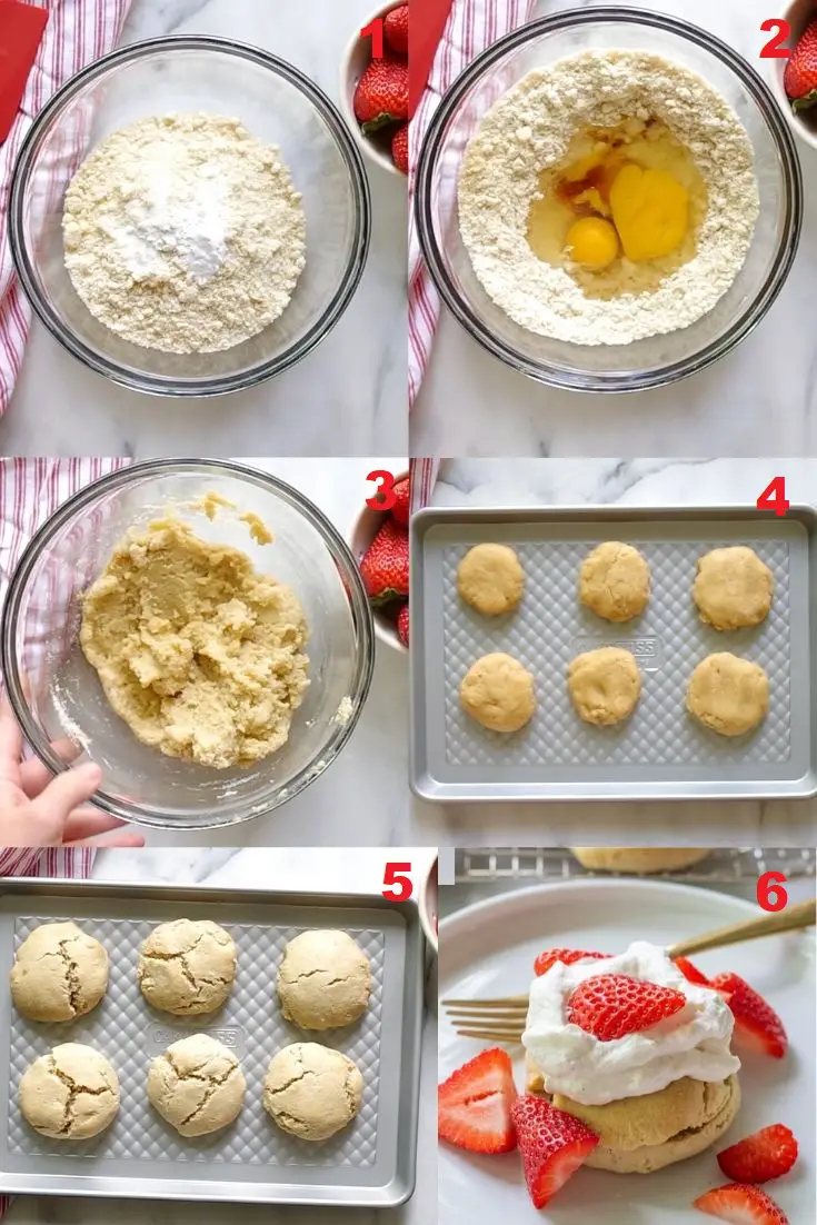 a collage of six numbered photos showing how to make paleo shortcakes