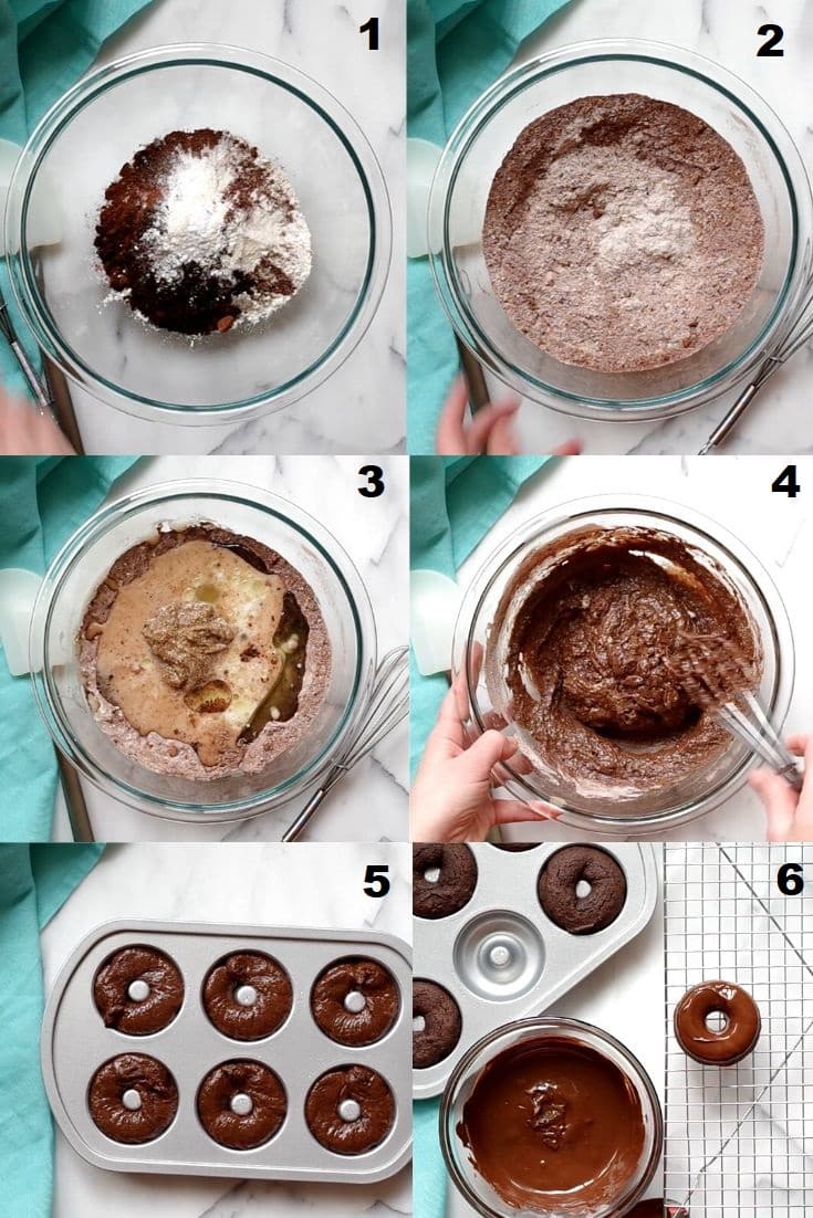 a collage of six photos showing how to make vegan donuts