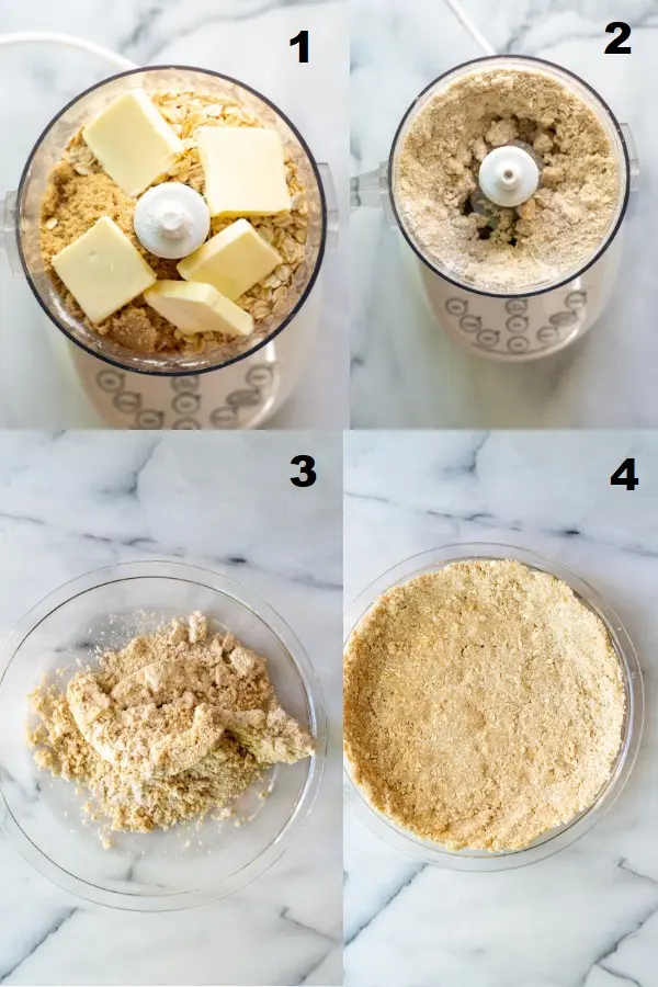 collage of four numbered images showing how to make gluten-free graham cracker crust, the numbered photos match the numbered steps below
