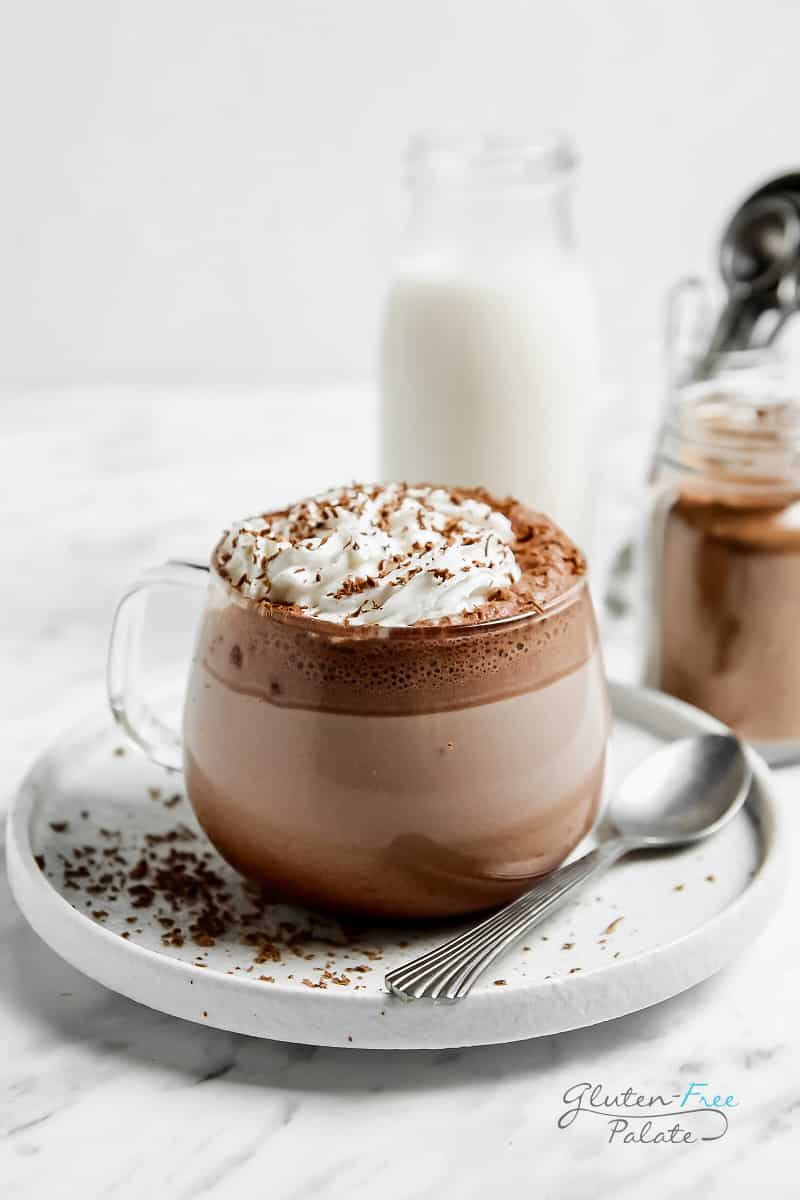 gluten free hot cocoa in a clear mug