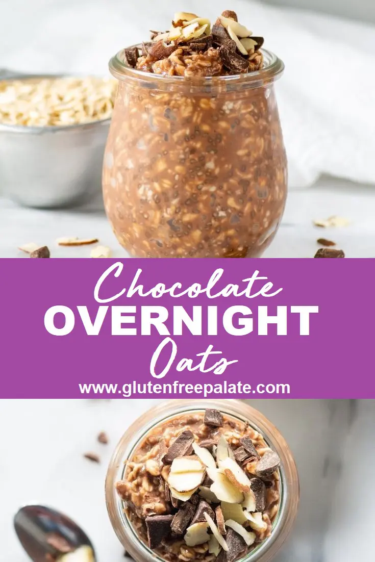 chocolate overnight oats in a glass jar on the top, the words chocolate overnight oats in the center, with a top down view of chocolate oats in a jar on the bottom