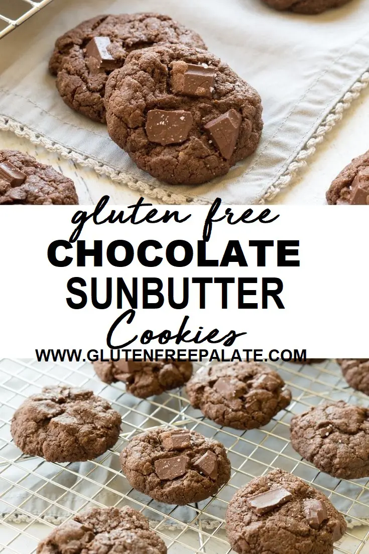 two images, one of two cookies stacked the other of sunbutter cookies on a wire rack, with the words gluten free chocolate sunbutter cookies in the center