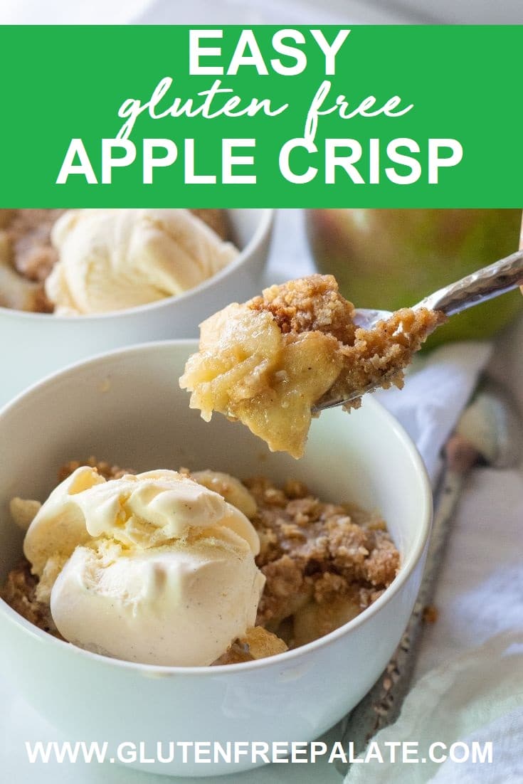 Gluten free apple crisp in a white bowl with ice cream and spoon, with the words easy gluten free apple crisp written at the top