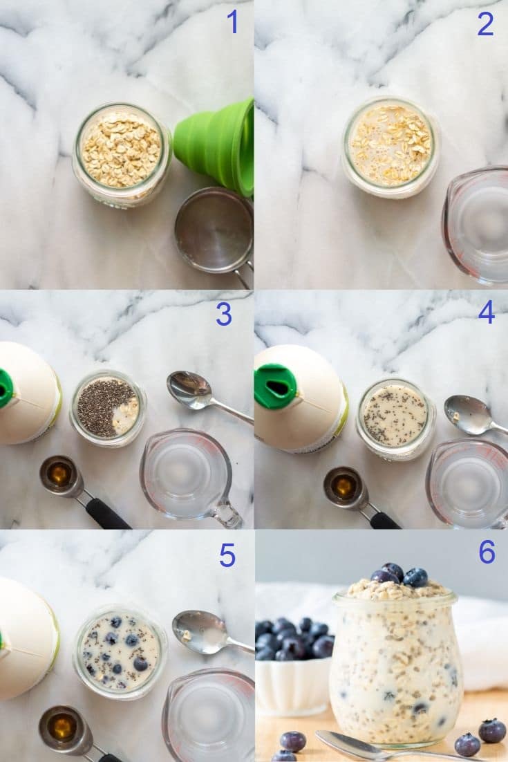 collage of six numbered photos showing how to make blueberry overnight oats, the numbered photos match the numbered step typed below