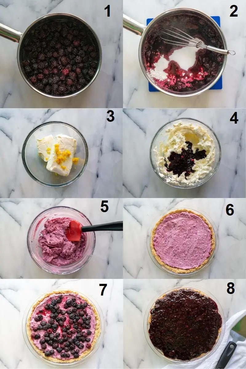 a collage of eight numbered photos showing the steps for how to make the cream cheese filling for the pie