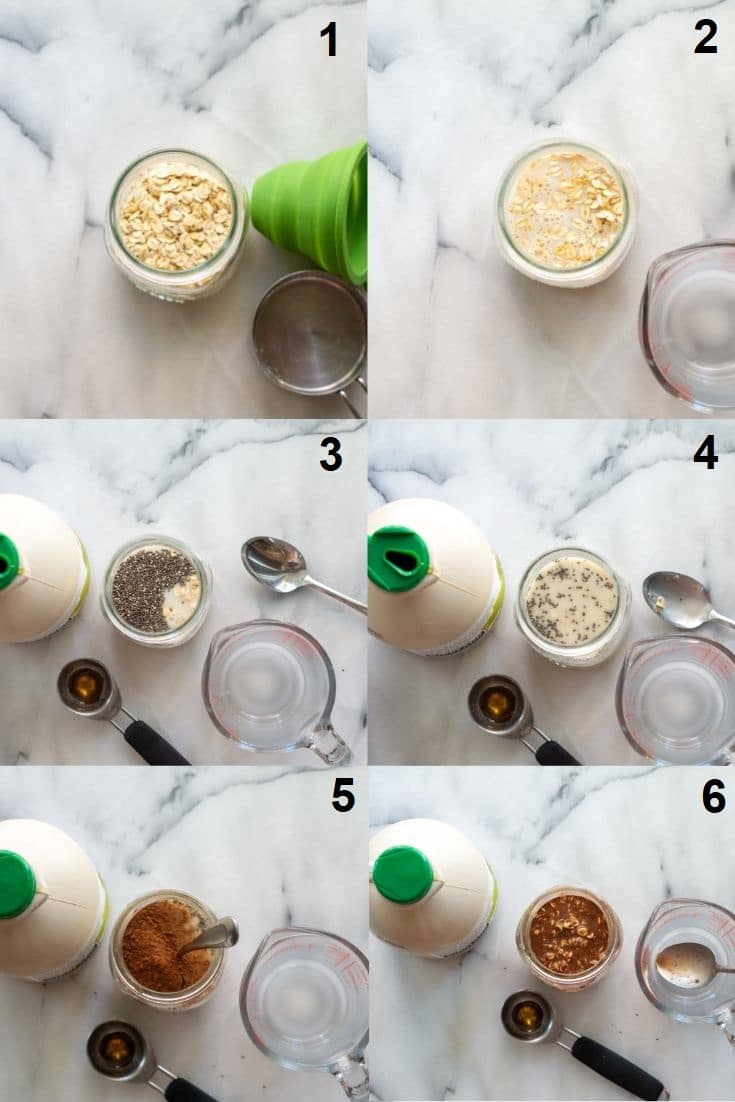 a collage of six numbered photos showing how to make chocolate overnight oats, the numbered photos match the numbered steps below