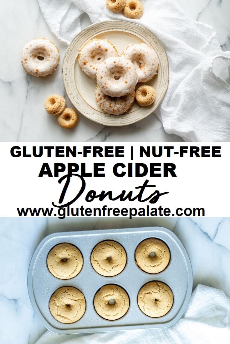 a collage of two photos, one with round donuts on a cream colored plate the other with donuts in a donut pan, with the words gluten free nut free apple cider donuts typed in the center