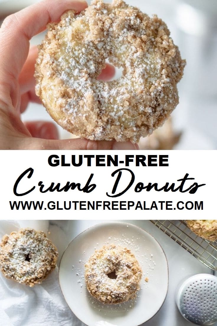 hand holding a donut with the text gluten free crumb donuts below it, and a image of a round donut on a white plate at the bottom under the text