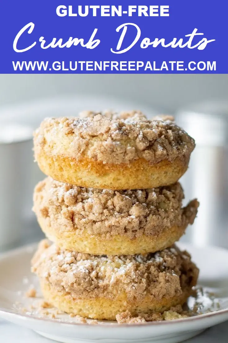 three donuts stacked on a plate with the words gluten free crumb donuts in text at the top