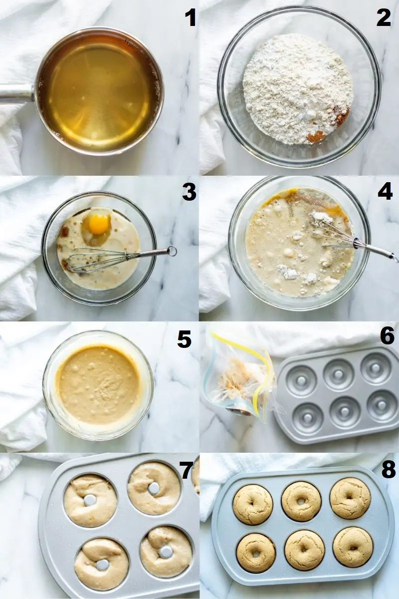 a collage of eight numbered photos showing the steps how to make Gluten-Free Apple Cider Donuts. The numbered photos match the numbered text below