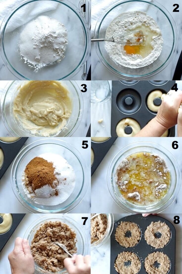 a collage of eight numbered photos showing how to make Gluten Free Crumb Cake Donuts, each numbered photo matches the numbered steps written below