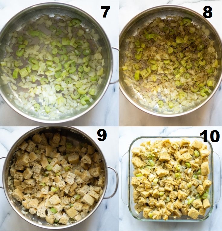 a collage of the next four steps showing how to make paleo stuffing, the numbered photos match the numbered text steps above