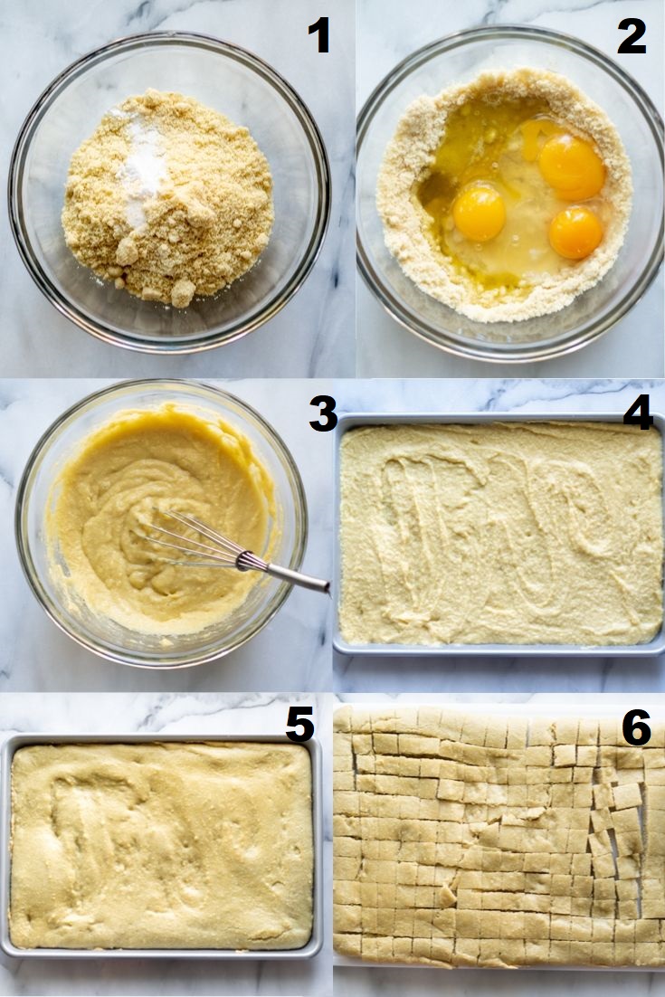 a collage of the first six steps showing how to make paleo stuffing, the numbered photos match the numbered text steps below