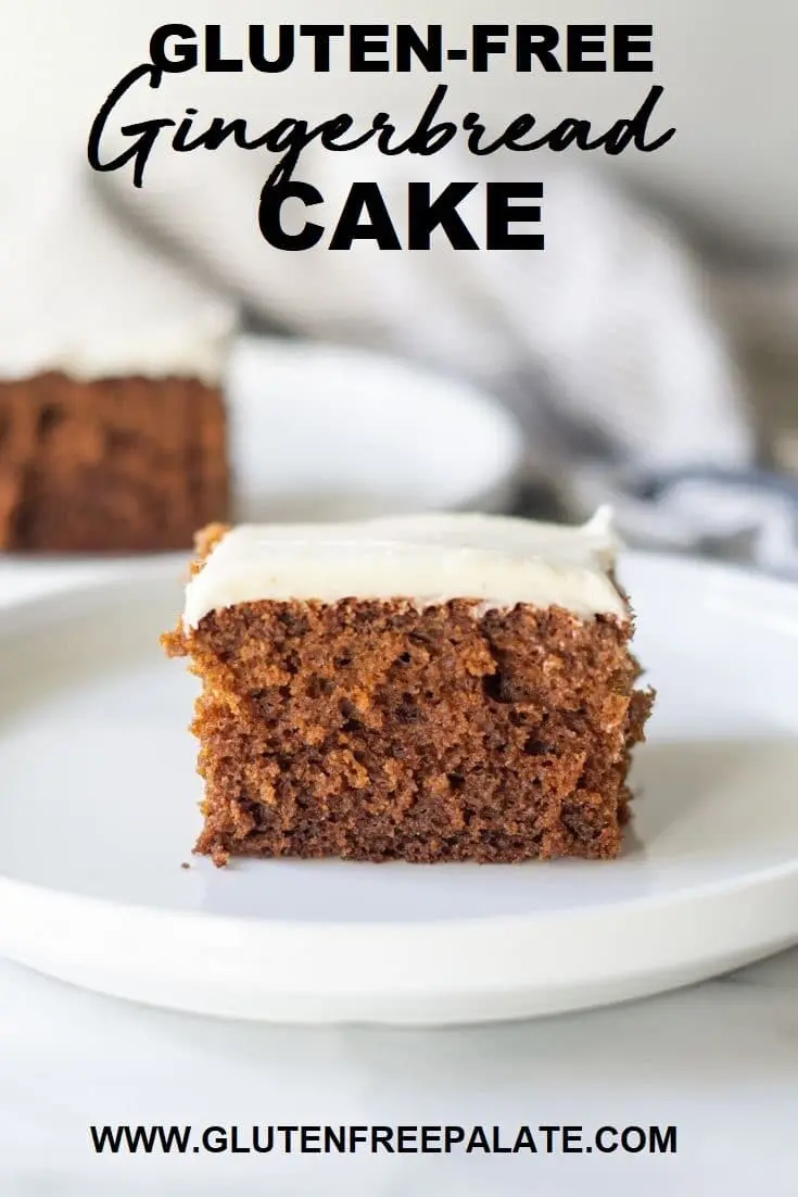 a slice of brown cake with white frosting on a white plate with the words gluten free gingerbread cake as text at the top