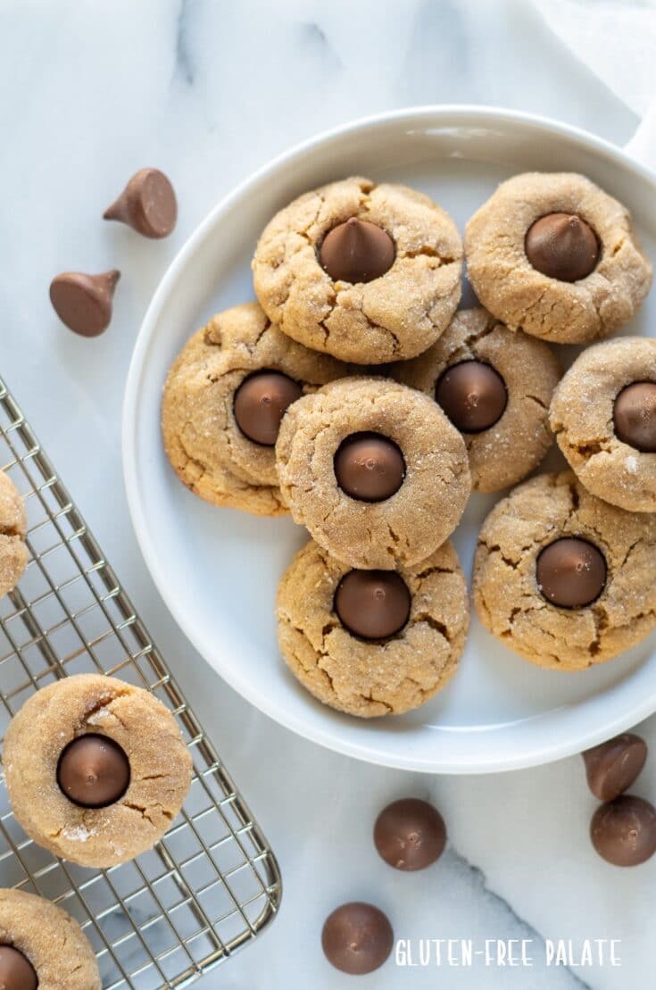 a white plate with gluten-free peanut butter blossoms with a heryshey's kiss pressed into the top of each cookie