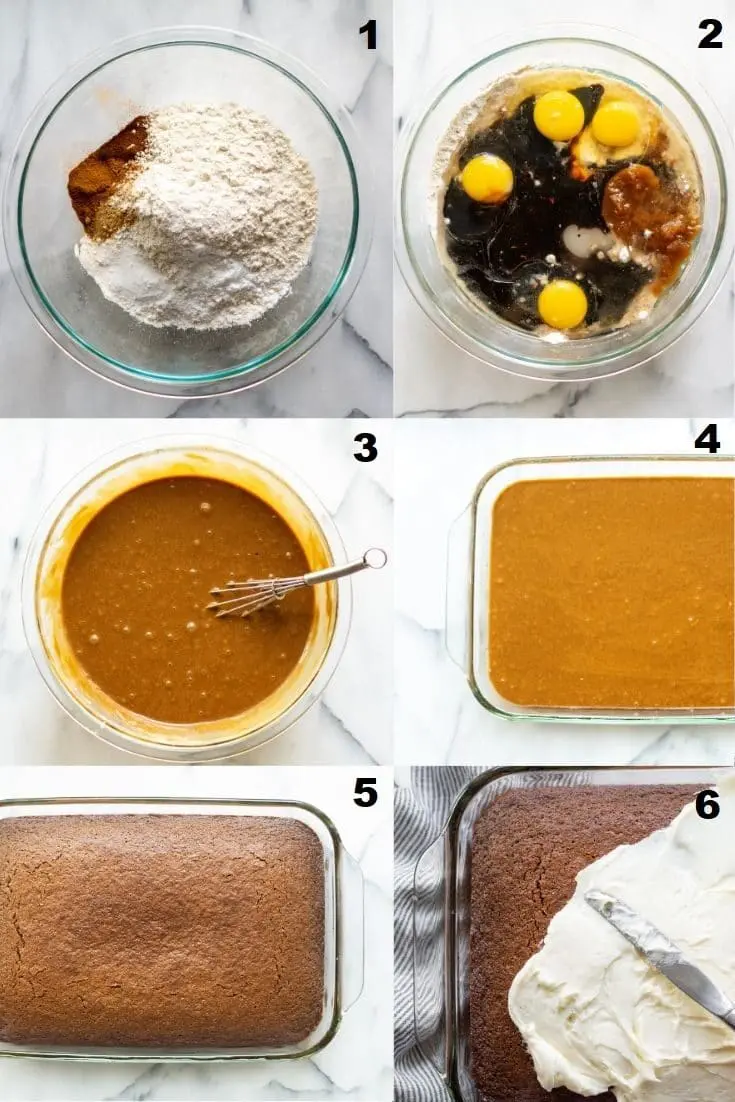 collage of six numbered photo of steps how to make a gluten-free gingerbread cake that match the numbered text steps below the image
