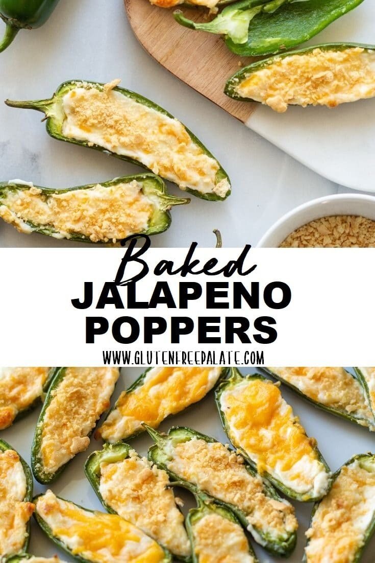 jalapeno poppers on a cutting board with a white bowl of crackers crumbs next to it with the text overlay baked jalapeno poppers with an image of cooked poppers below it