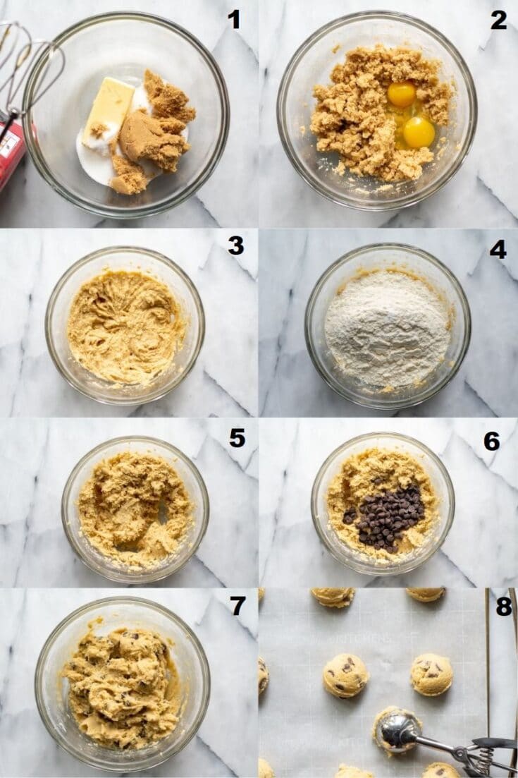 a collage of eight numbered photos showing how to make gluten free chocolate chips cookie, the numbers match the steps written in text below the image
