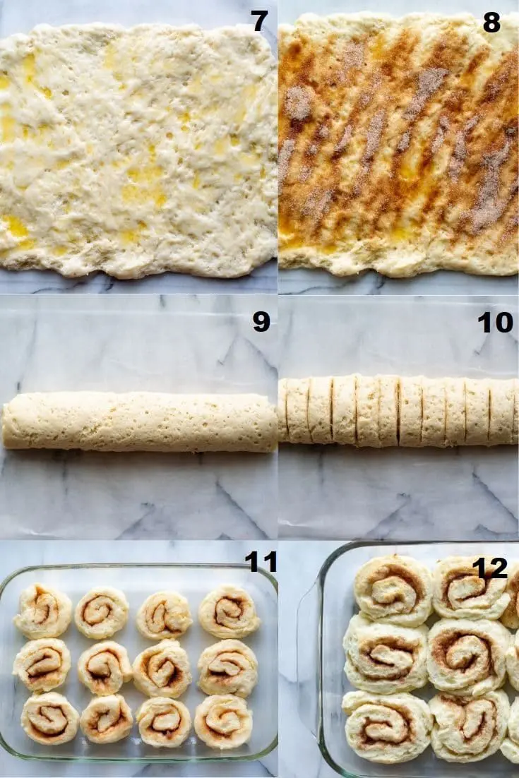 a collage of six numbered photos with steps seven through twelve on how to make gluten-free cinnamon rolls