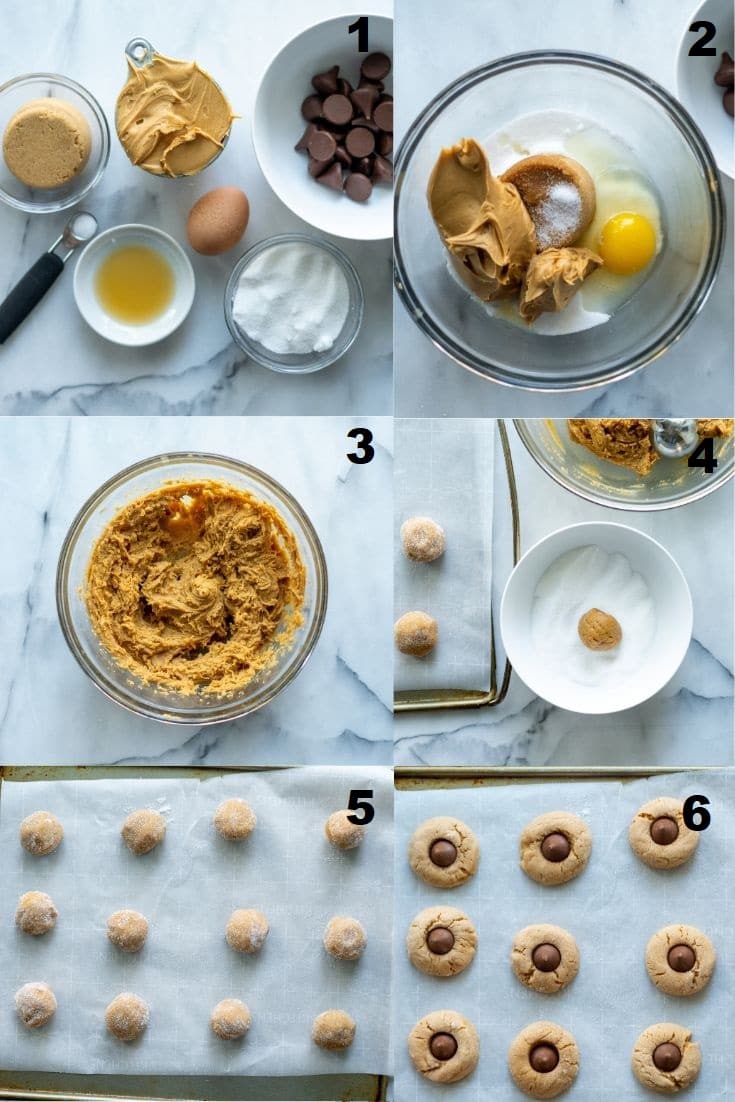collage photos of six steps showing how to make Gluten-Free Peanut Butter Blossoms that match the numbered steps written below