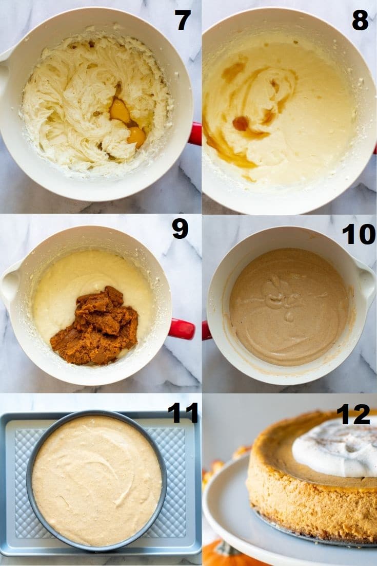 a collage of six numbered for steps seven through twelve showing how to make gluten-free pumpkin cheesecake