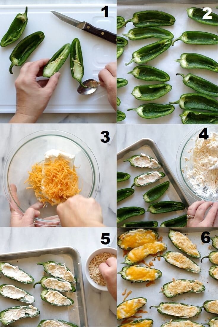 collage of six numbered images showing the steps on how to make jalapeno poppers, that match the numbered steps in text below