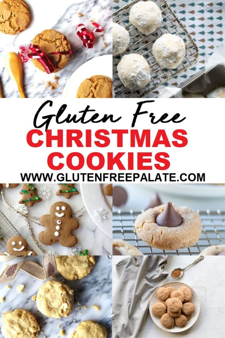 collage of four christmas cookie images, snowball cookies, gingerbread cookie, pb blossoms and gingersnap cookies with gluten free christmas cookies in text in the center