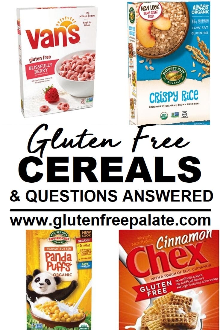 gluten-free cereal photo collage showing a box of vans cereal, a box of crispy rice cereal, a box of panda puffs cereal, a box of cinnamon chex with the words gluten free cerreals and question answered in the center of the photos