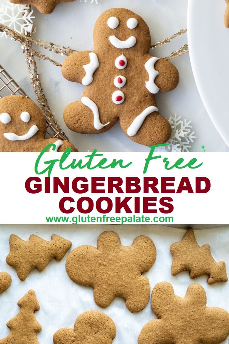 image collage of a gingerbread man decorated with icing with the words gluten free gingerbread cookies then undecroted gingerbread men cookies