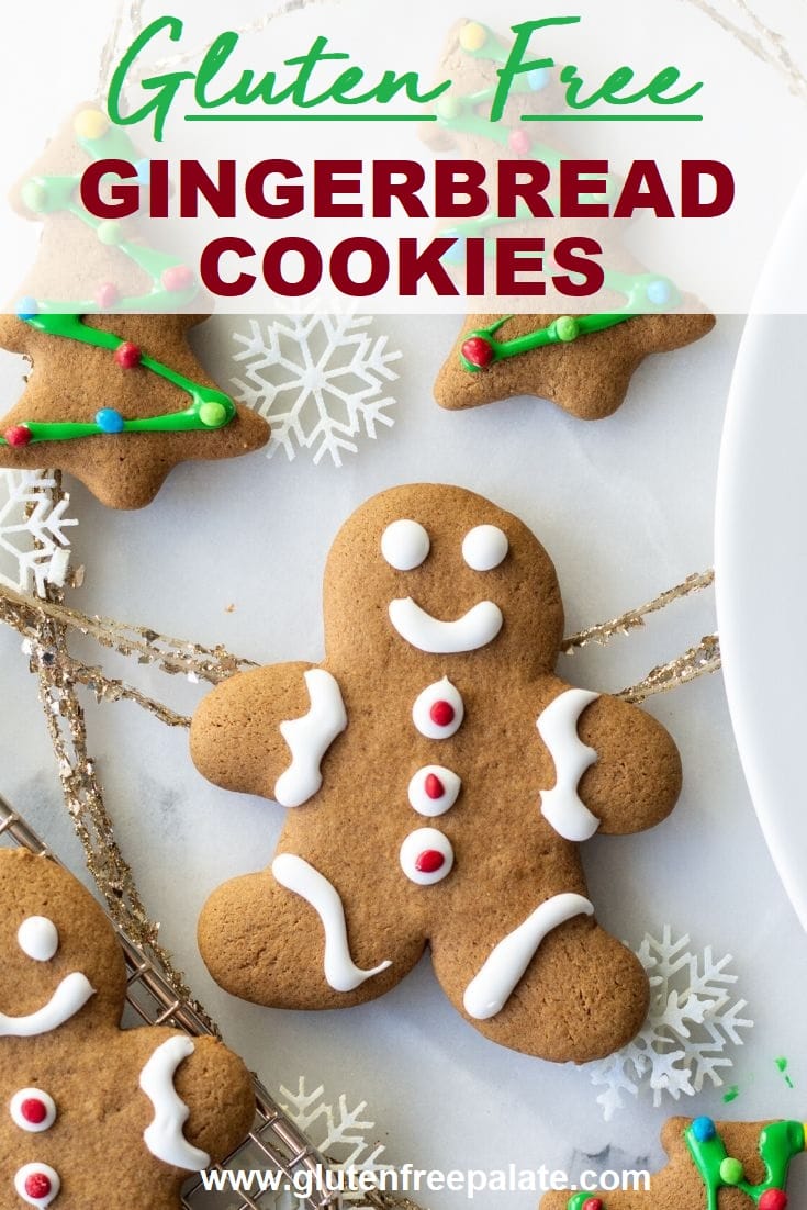 a decorated gingerbread men with white icing with the text overlay gluten free gingerbread cookies