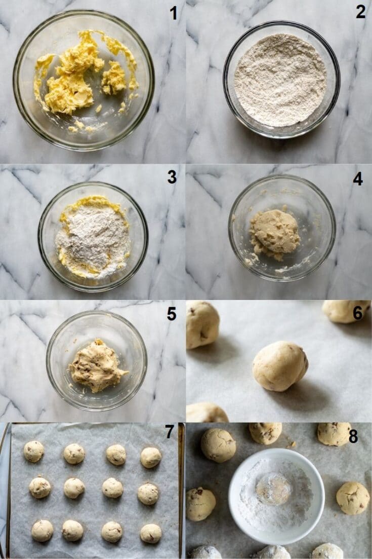 collage of eight numbered photos showing how to make gluten free snowball cookies that match the steps below