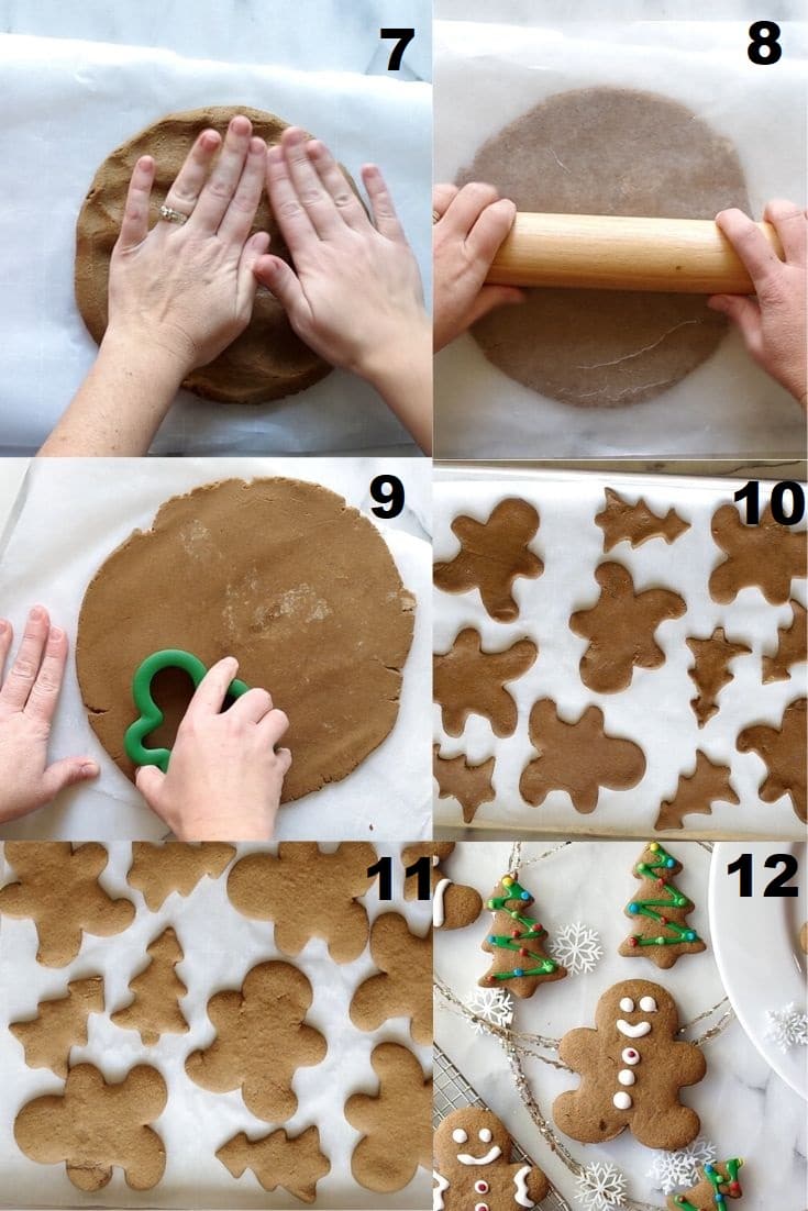 collage of steps seven through twelve showing how to make gluten-free gingerbread cookies that match the numbered steps below the image.
