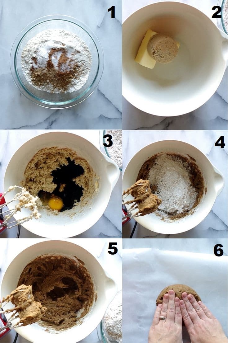 collage of six images showing how to make gluten-free gingerbread cookies that match the numbered steps below the image.