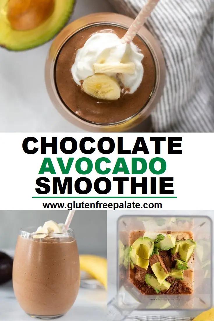 Three close ups of brown smoothie in a clear and a blender jar with the words chocolate avocado smoothie written in the center of them