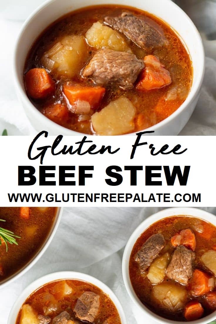 collage of two images of close ups of white bowls with beef, carrots, and potatoes with the words gluten free beef stew written in the center
