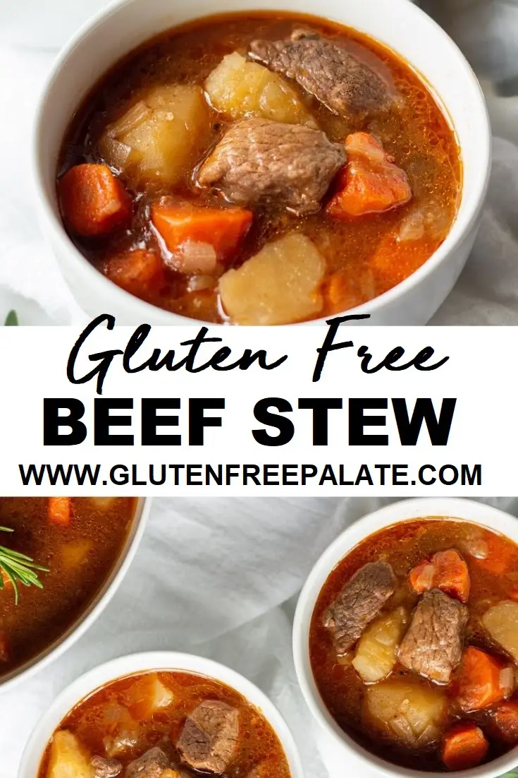 collage of two images of close ups of white bowls with beef, carrots, and potatoes with the words gluten-free beef stew written in the center